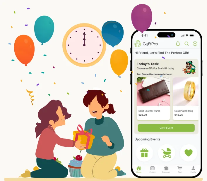 Friends celebrating a birthday and exchanging a gift beside the GyftPro app