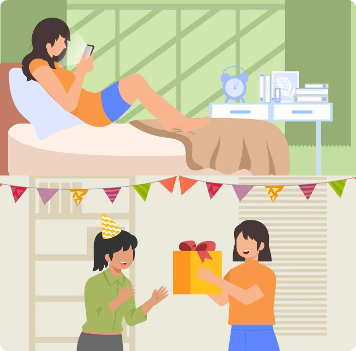 Girl browsing birthday gift ideas and friends exchanging a birthday present